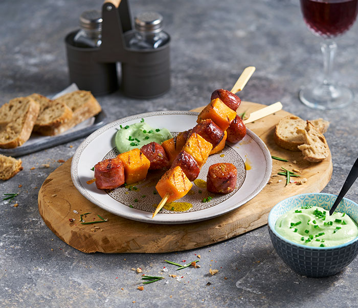 Chorizo Süßkartoffel Spieße mit Guacamole
