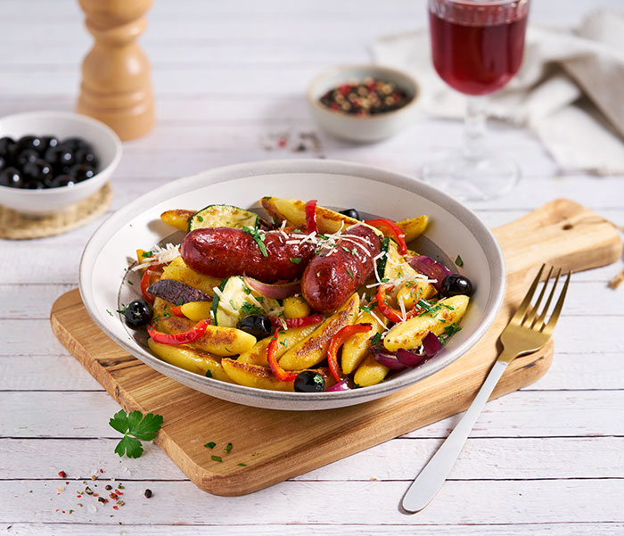 Schupfnudel Chorizo Pfanne mit schwarzen Oliven und Paprika