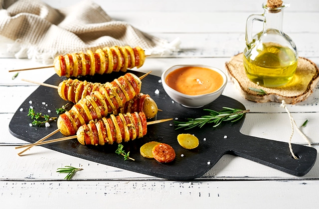 Kartoffel Chorizo Spiesse mit Paprika Dip